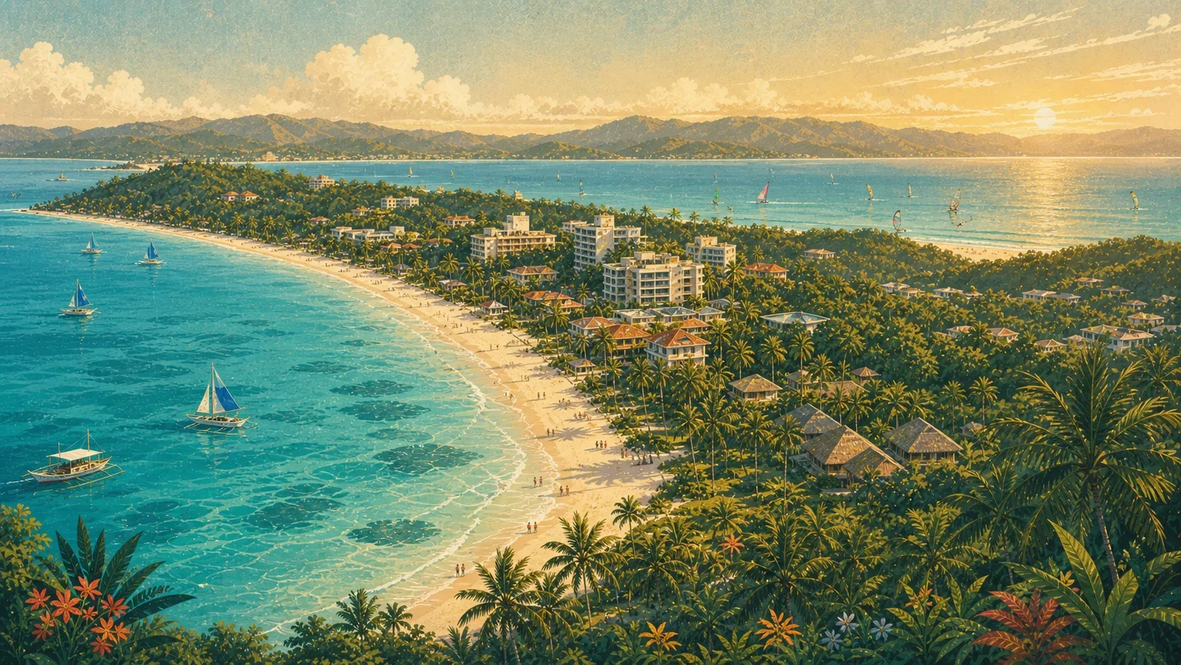 Illustrated panorama of Boracay White Beach and its distinct station areas