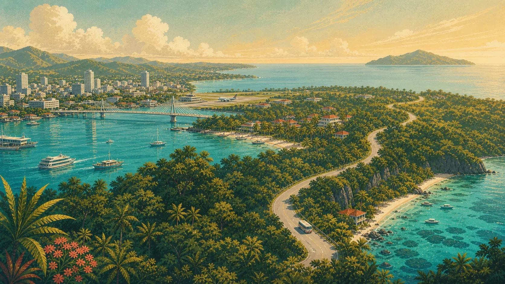 Illustrated panorama connecting Cebu City, Mactan, and the separate south-Cebu coast