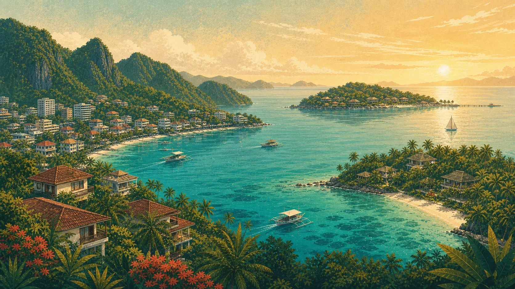 Illustrated panorama from Coron Town and hillside hotels to secluded Busuanga island stays