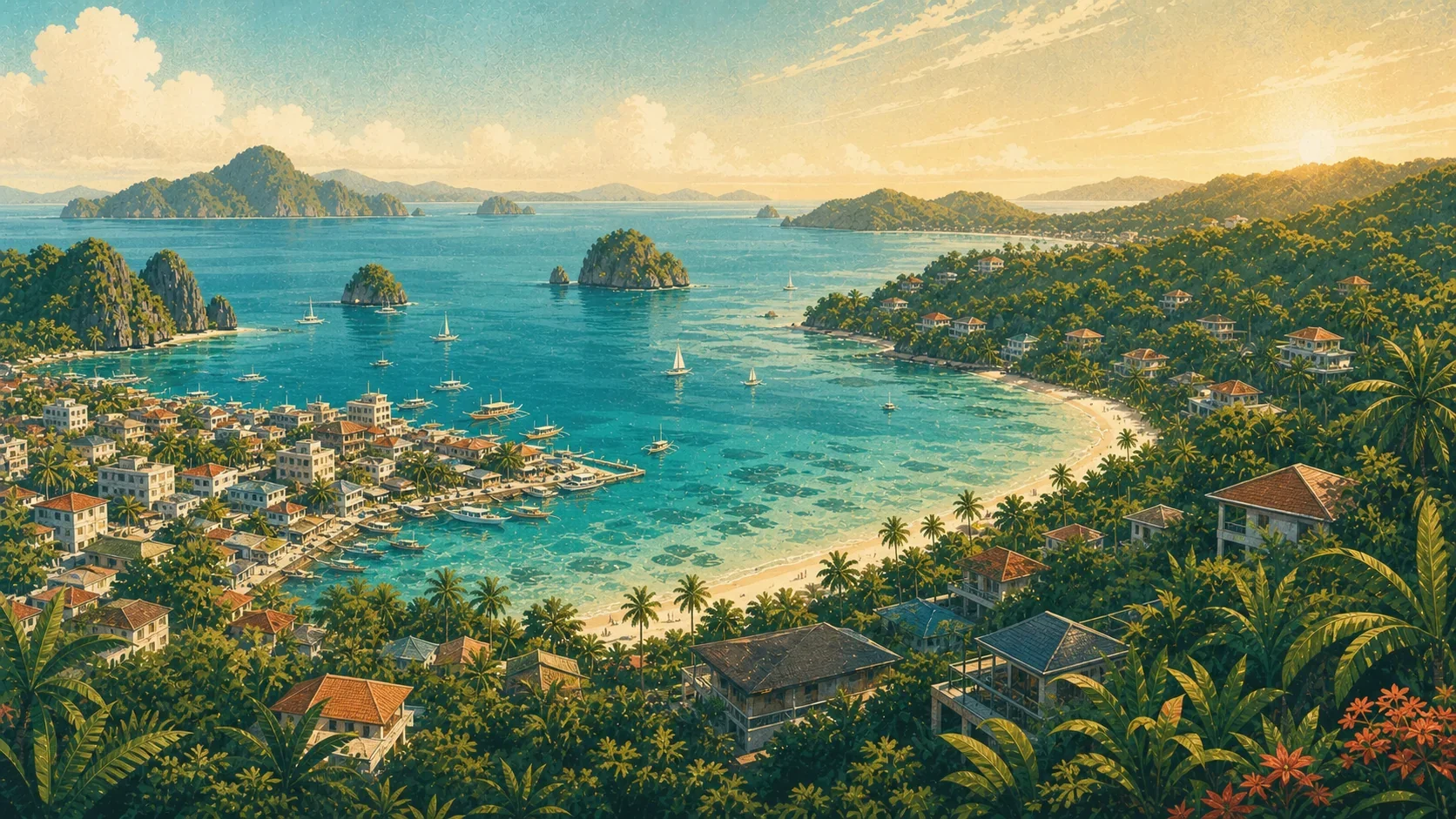 Illustrated panorama of El Nido town, beaches, hillside stays, and offshore islands