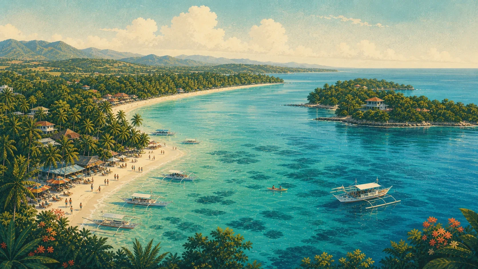 Illustrated panorama of Panglao beaches ranging from lively coves to quiet palm-lined sand