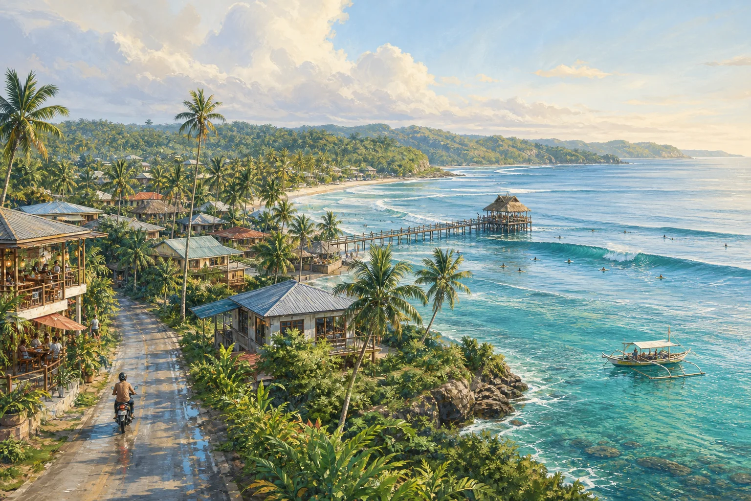 Illustrated Siargao panorama connecting General Luna, the Cloud 9 surf coast, and quieter palm-lined island stays