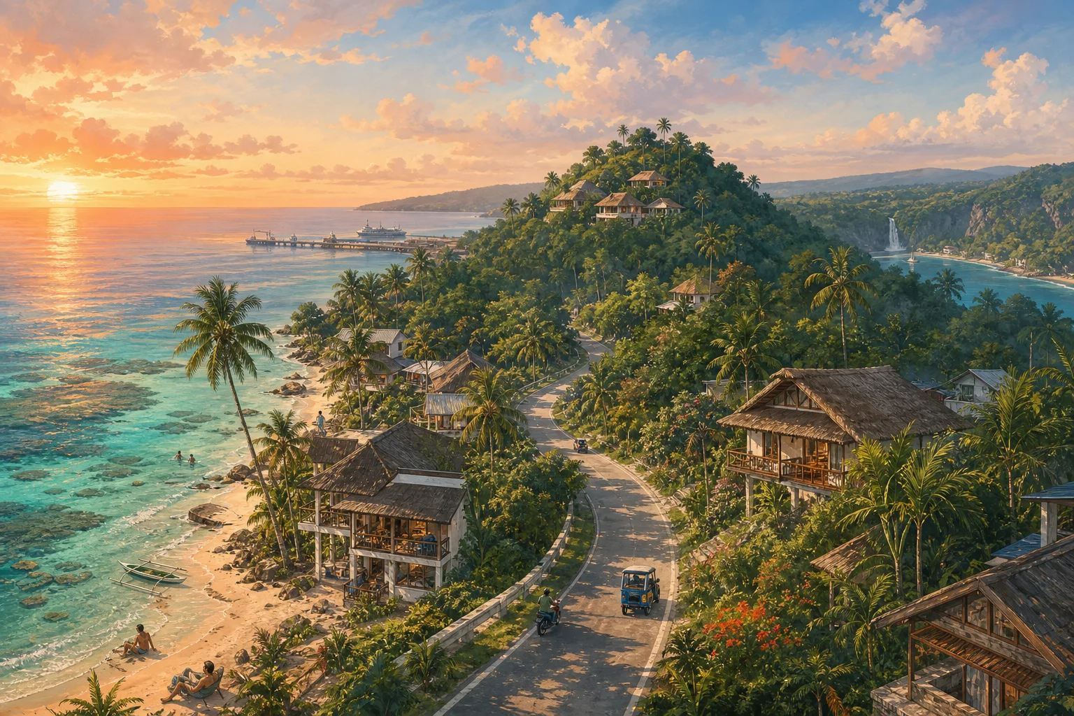Editorial illustration of Siquijor's sunset coast, island road, hill stays, and distant waterfall